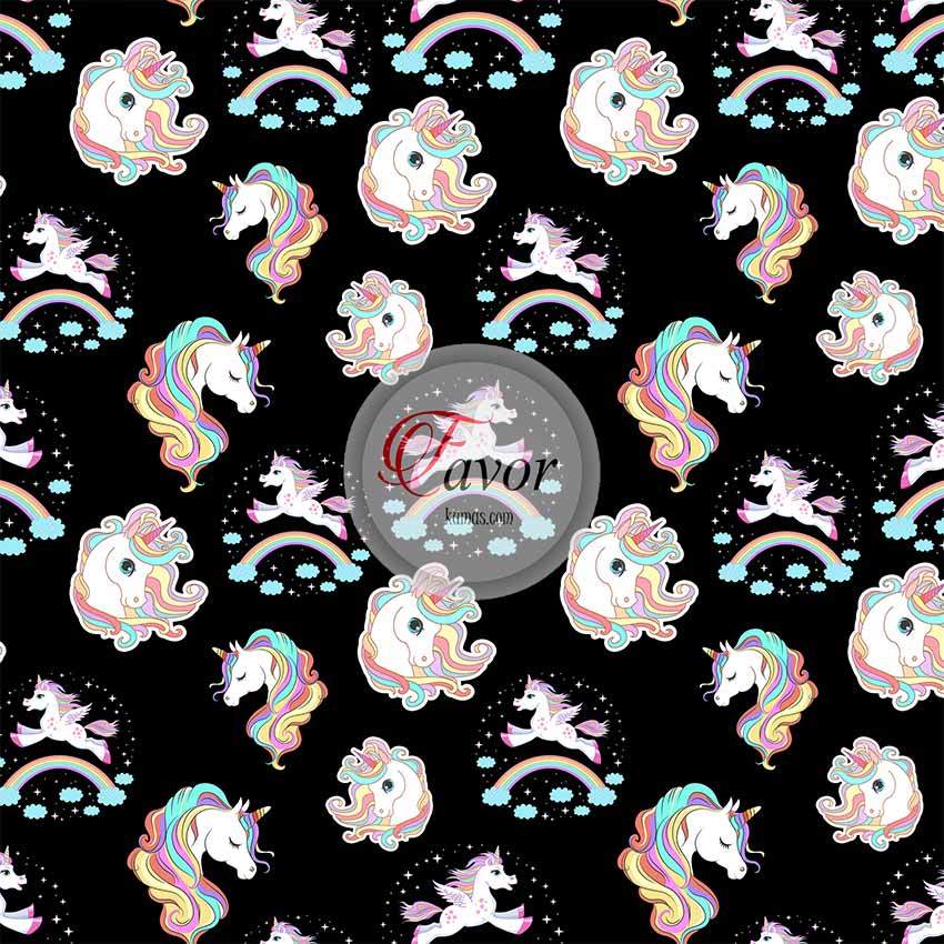 Siyah Zemin Unicorn Desenli Kumaş
