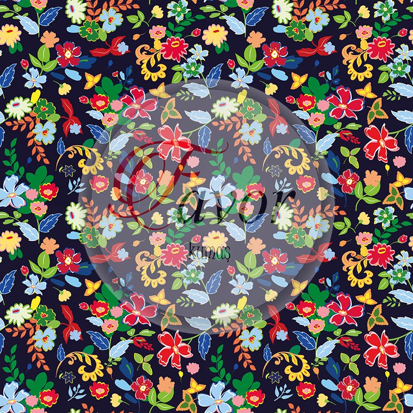 Lacivert Zemin Çiçekli Kumaş