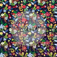 Lacivert Zemin Çiçekli Kumaş