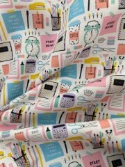 Beyaz Zeminli Okul  Desenli Kumaş