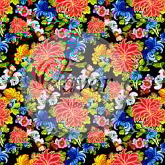 Siyah Zemin Neon Çiçek Desenli Kumaş