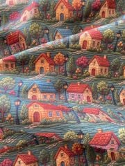 3D Nakış Ev  Desenli Kumaş