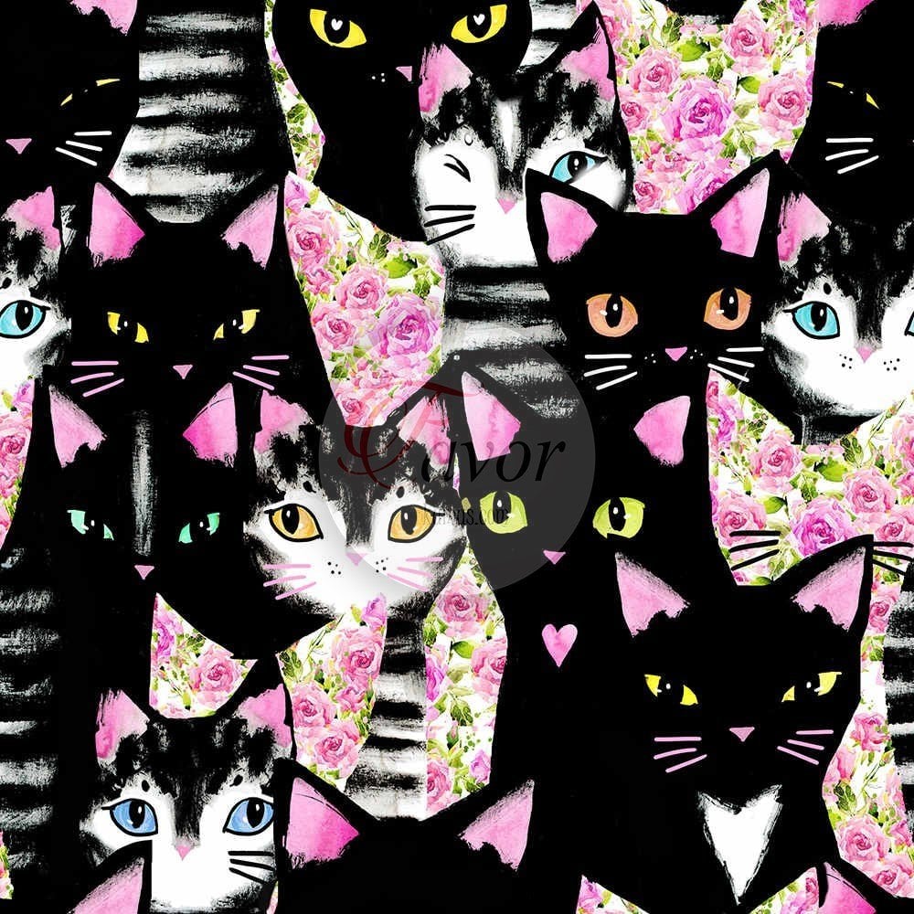 Kara Kedi Desenli Kumaş