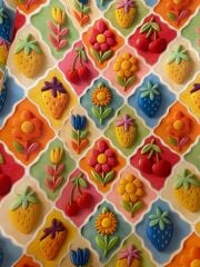 3D Çerçeveli Çilek Ve Çiçekler Desenli Kumaş