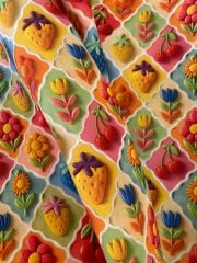 3D Çerçeveli Çilek Ve Çiçekler Desenli Kumaş