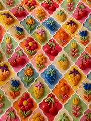 3D Çerçeveli Çilek Ve Çiçekler Desenli Kumaş