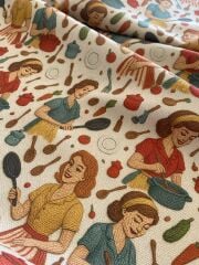 3D Yemek Pişiren Kadınlar Desenli Kumaş