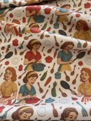 3D Yemek Pişiren Kadınlar Desenli Kumaş