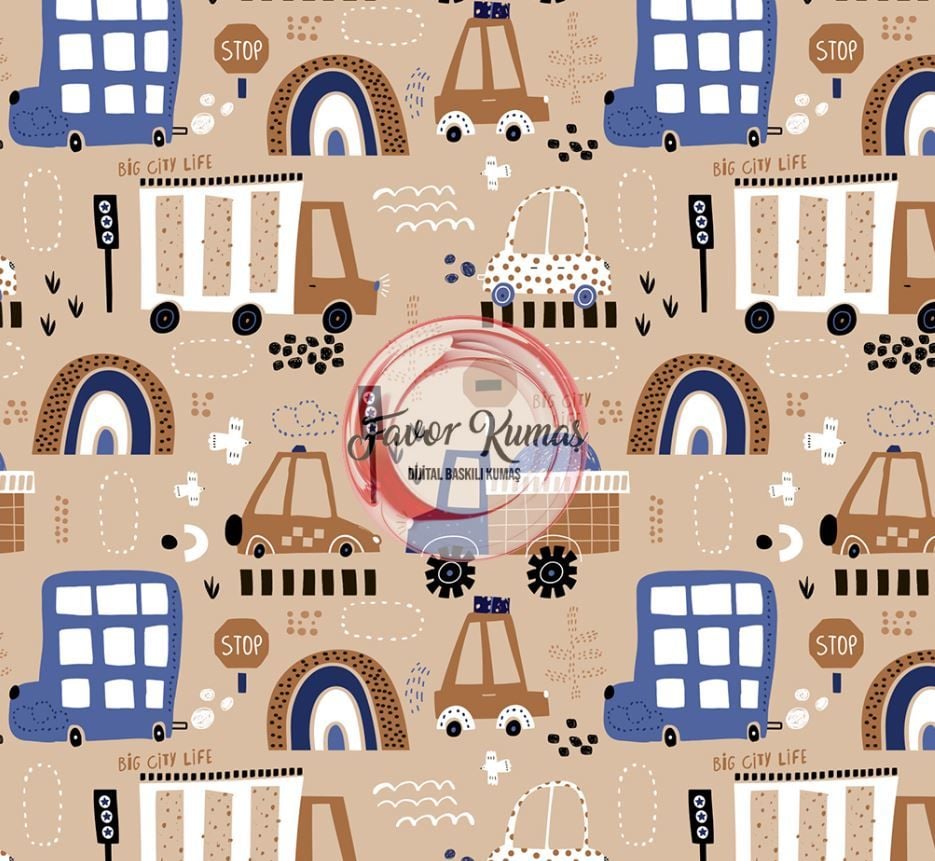 Vizon Zeminli Taşıtlar Desenli Kumaş