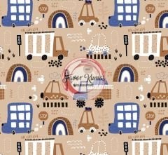 Vizon Zeminli Taşıtlar Desenli Kumaş