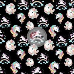 Siyah Zemin Unicorn Desenli Kumaş