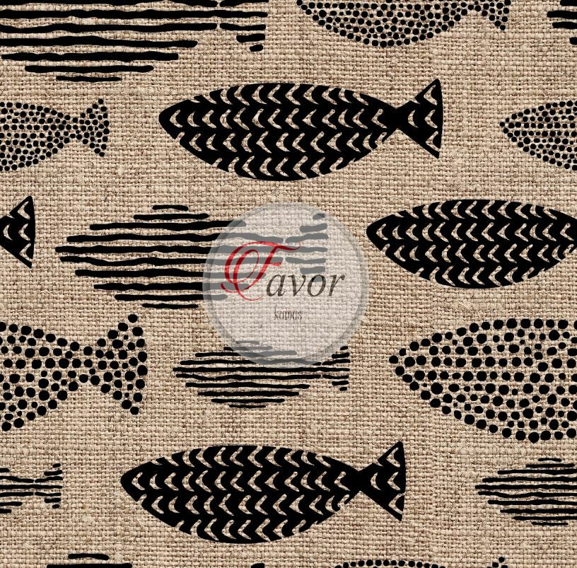 Balık Baskılı Keten Görünümlü Kumaş siyah - Döşemelik Petek Kumaş