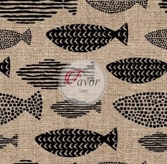 Balık Baskılı Keten Görünümlü Kumaş siyah - Döşemelik Petek Kumaş