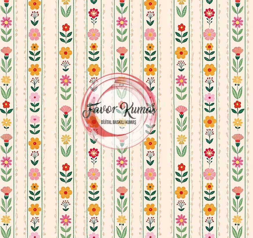 Şeritli Ekru Zeminli Çiçek Desenli Kumaş