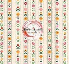 Şeritli Ekru Zeminli Çiçek Desenli Kumaş