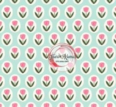 Mint Zeminli Çıtır Lale Çiçek Desenli Kumaş