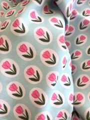 Mint Zeminli Çıtır Lale Çiçek Desenli Kumaş