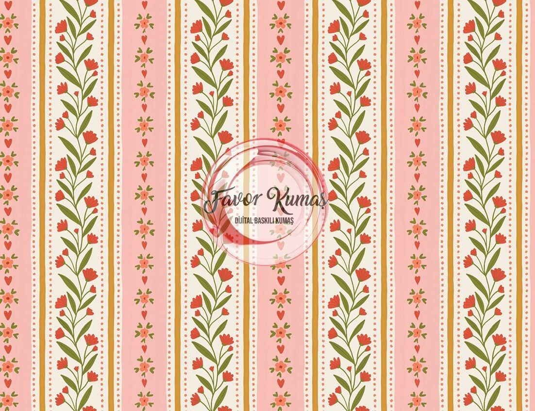 Şeritli Pudra Zeminli Çiçek Desenli Kumaş