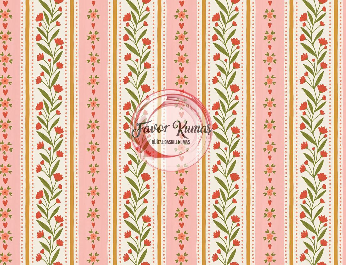 Şeritli Pudra Zeminli Çiçek Desenli Kumaş