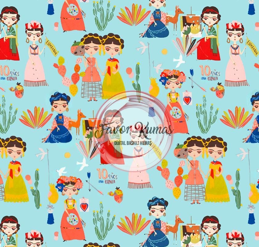 Turkuaz Zeminli Meksikalı Kadınlar Desenli Kumaş