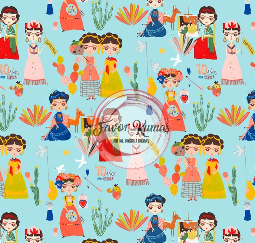 Turkuaz Zeminli Meksikalı Kadınlar Desenli Kumaş