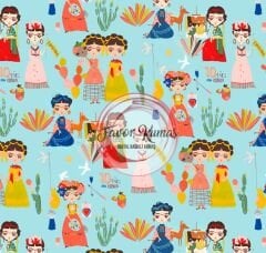 Turkuaz Zeminli Meksikalı Kadınlar Desenli Kumaş