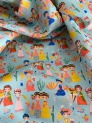 Turkuaz Zeminli Meksikalı Kadınlar Desenli Kumaş