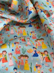 Turkuaz Zeminli Meksikalı Kadınlar Desenli Kumaş