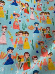 Turkuaz Zeminli Meksikalı Kadınlar Desenli Kumaş