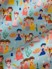 Turkuaz Zeminli Meksikalı Kadınlar Desenli Kumaş