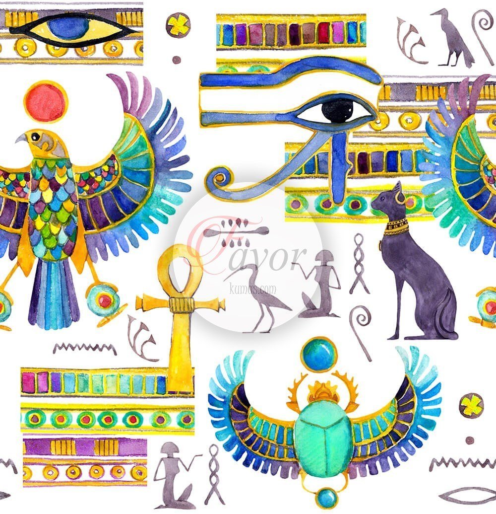 Mısır Desenli Döşemelik Kumaş beyaz