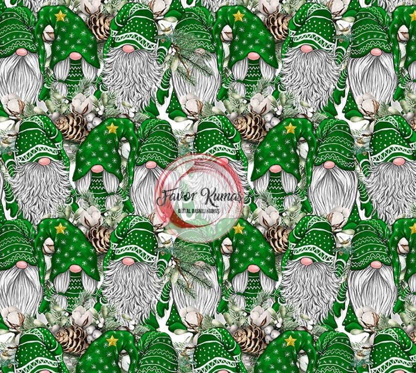 Yeşil Yılbaşı Cücesi Desenli Kumaş Elite Poplin Kumaş