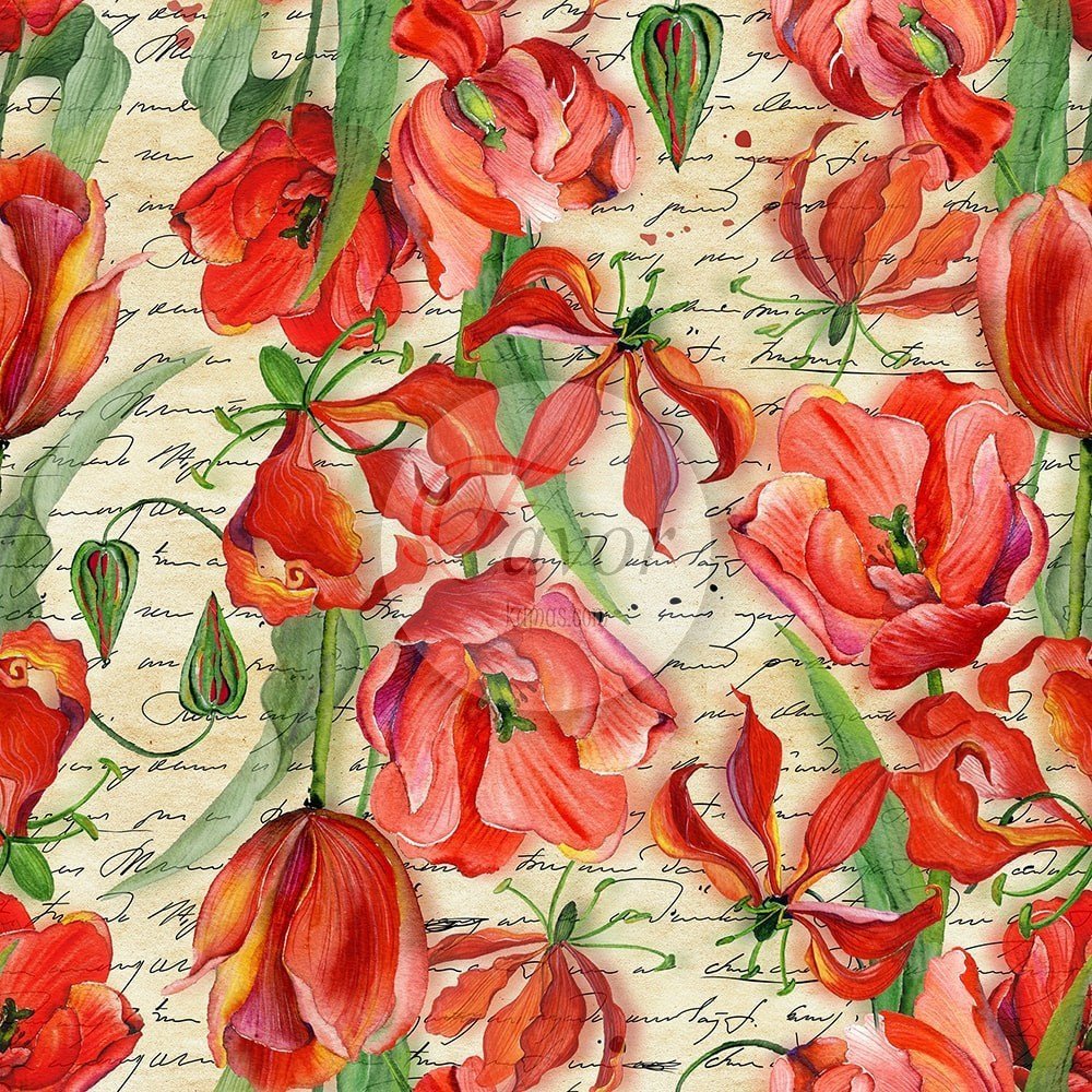 Mektup ve Kırmızı Çiçek Desenli Kumaş