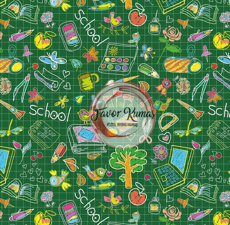 Yeşil Zeminli Çocuk Çizim Desenli Kumaş