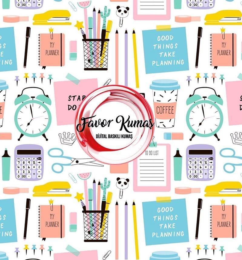 Beyaz Zeminli Okul  Desenli Kumaş