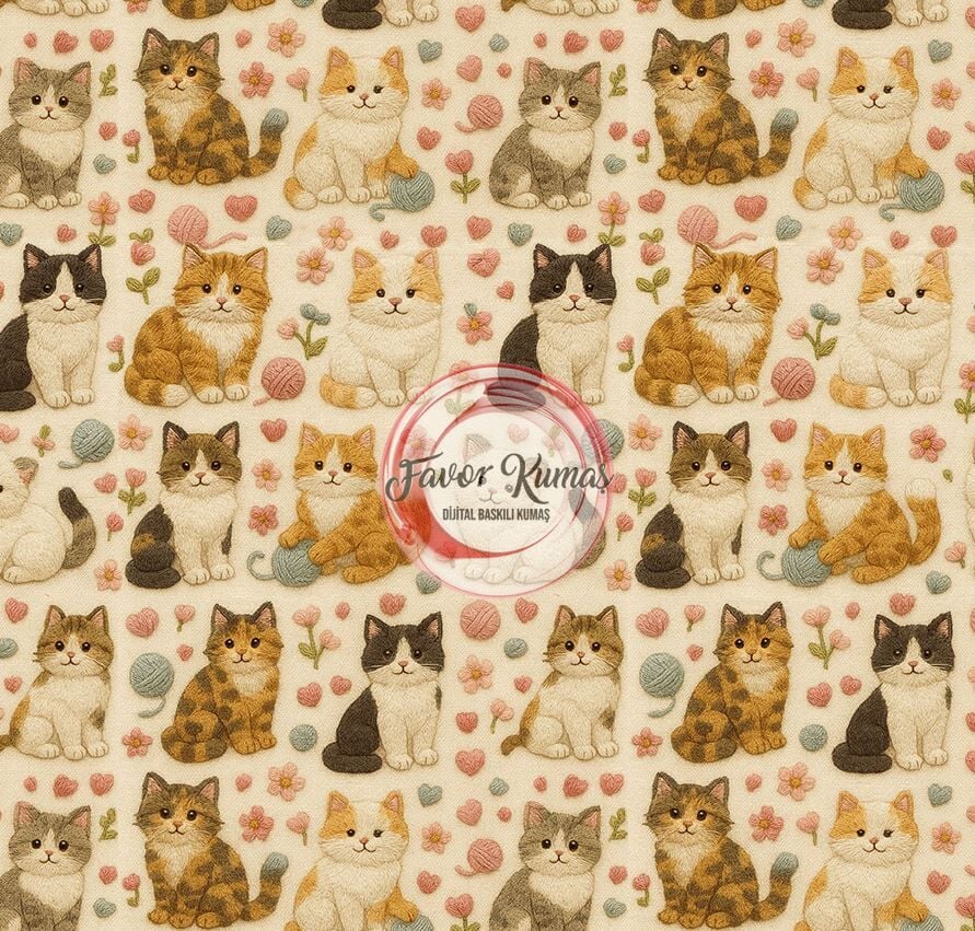 3D Nakış  Sevimli Yumaklı Kediler Desenli Kumaş