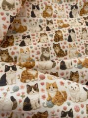 3D Nakış  Sevimli Yumaklı Kediler Desenli Kumaş