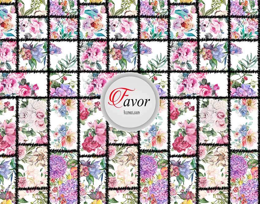 Kareli Çiçek Desenli Kumaş beyaz