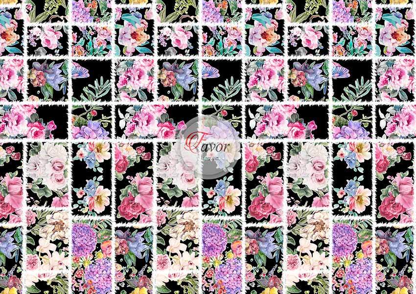 Kareli Çiçek Desenli Kumaş siyah