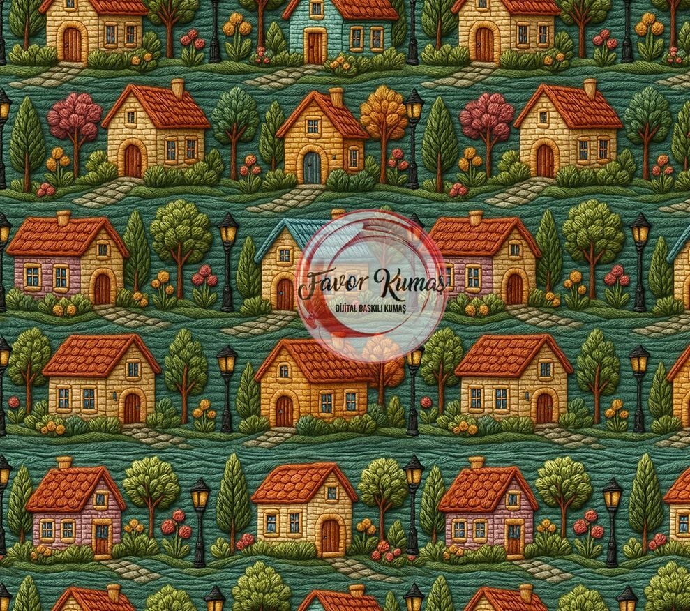 3D Nakış Ev  Desenli Kumaş