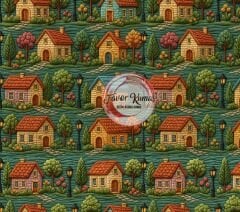 3D Nakış Ev  Desenli Kumaş