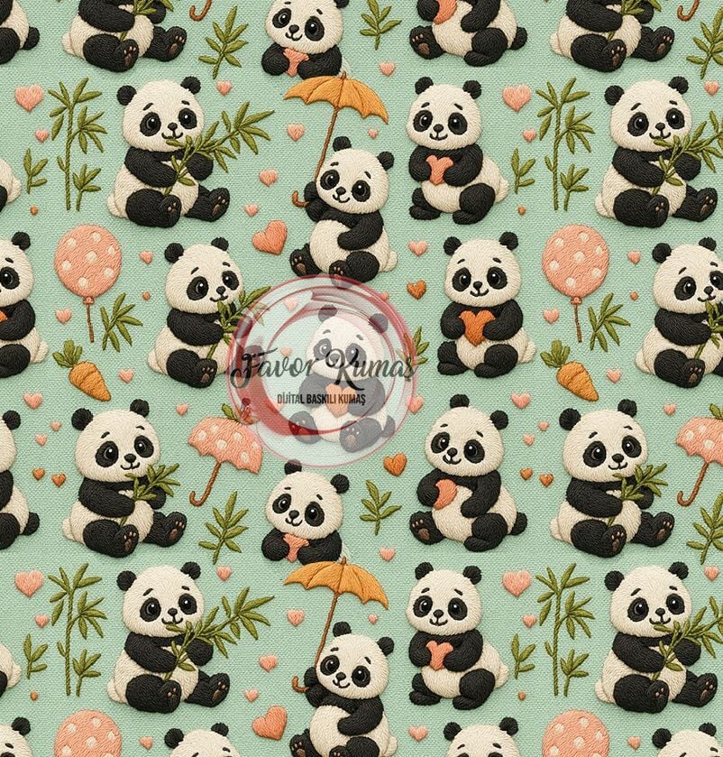 3D Mint Zeminli Panda Desenli Kumaş