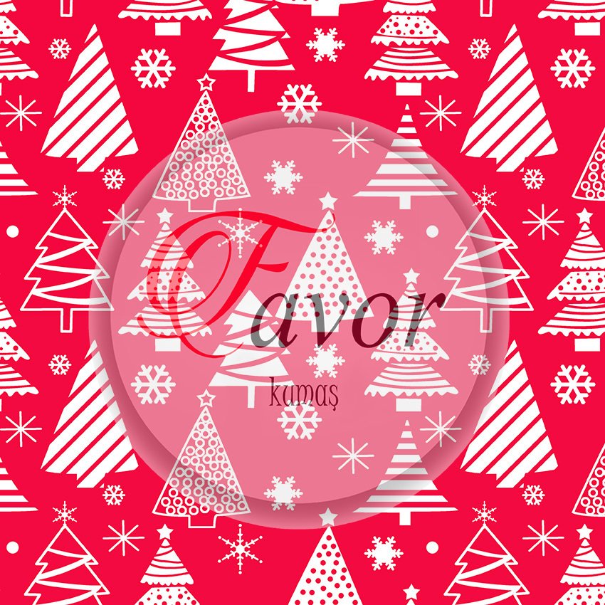 Kırmızı Çam Ağacı Yılbaşı Desenli Kumaş