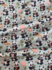 3D Mint Zeminli Panda Desenli Kumaş
