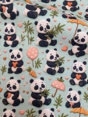 3D Mint Zeminli Panda Desenli Kumaş
