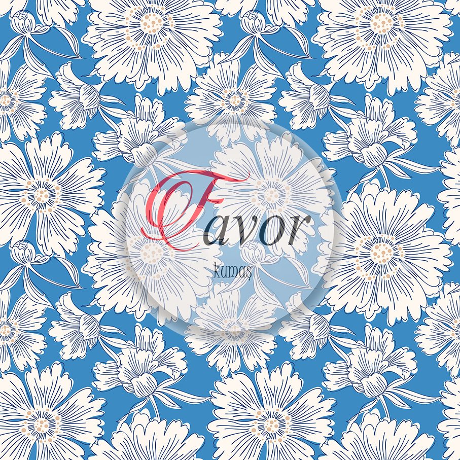 Sarı Zemin Beyaz Çiçek Desenli Kumaş Döşemelik Petek Kumaş - mavi