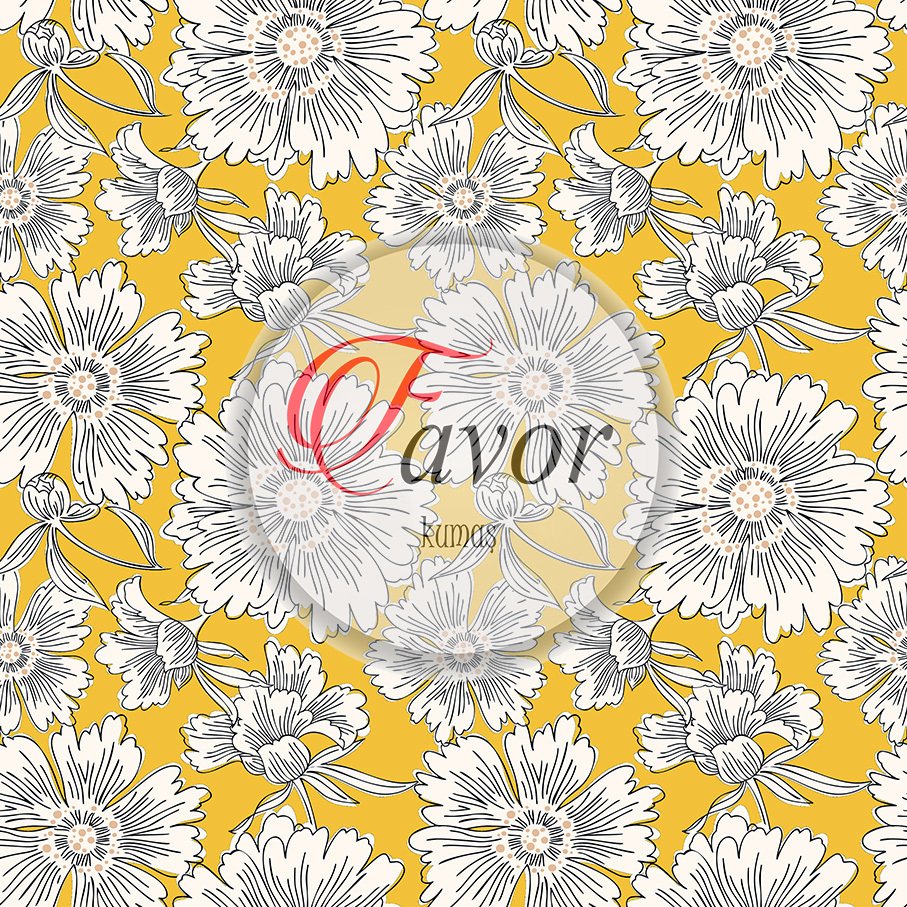 Sarı Zemin Beyaz Çiçek Desenli Kumaş Döşemelik Petek Kumaş - sarı