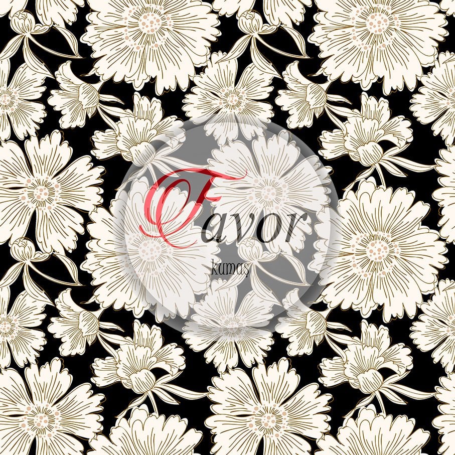 Sarı Zemin Beyaz Çiçek Desenli Kumaş Döşemelik Petek Kumaş - siyah