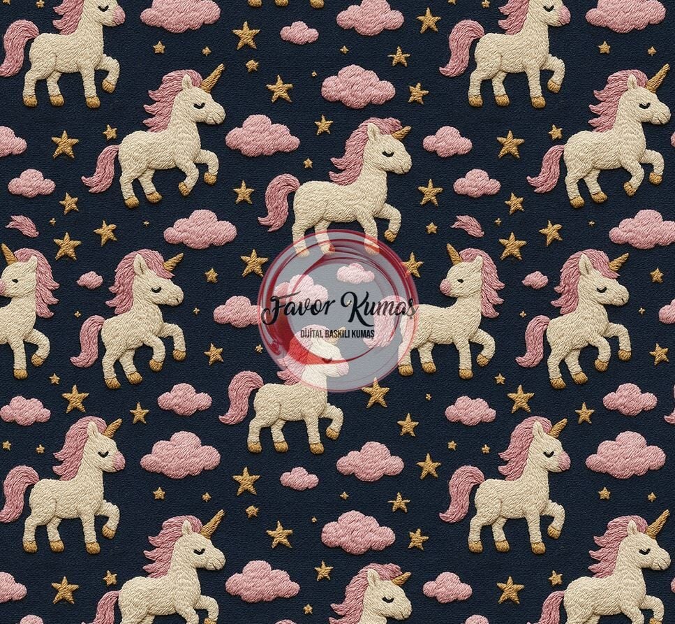 3D Nakış Unicorn Gece Desenli Kumaş