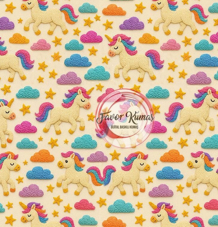 3D Nakış Unicorn Renkli Bulutlu Desenli Kumaş